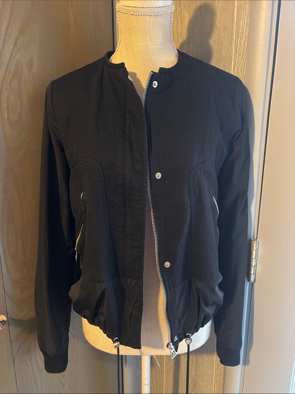 Zara Trafaluc Black Bomber Jacket Adjustable Waist Zip Snap Coat Sporty